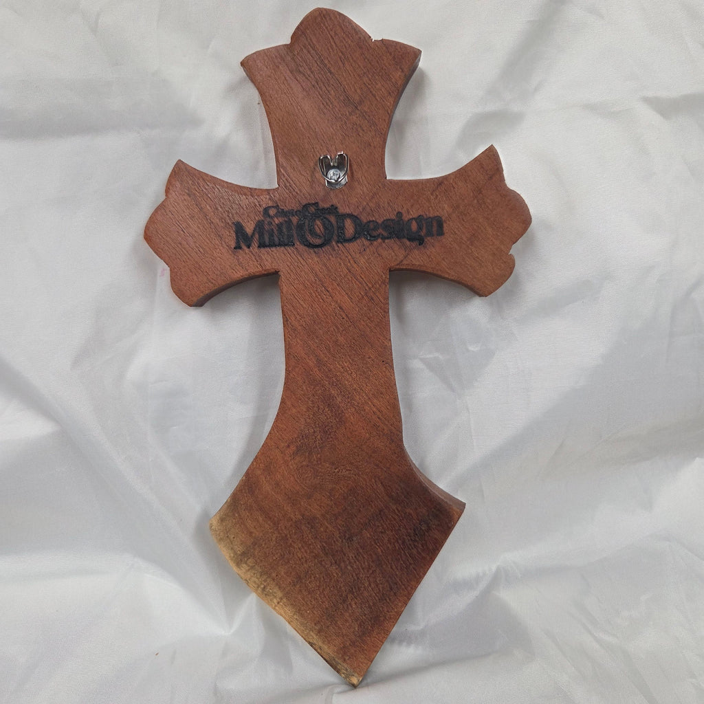 scalloped Mesquite Cross with natural colors, hanging cross wall art