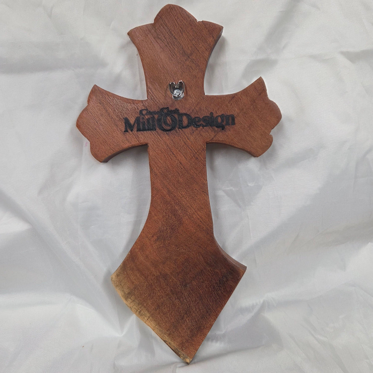 scalloped Mesquite Cross with natural colors, hanging cross wall art