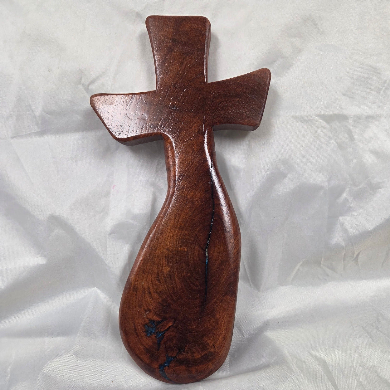 Mesquite Cross with natural colors, hanging cross wall art with blue epoxy inlay