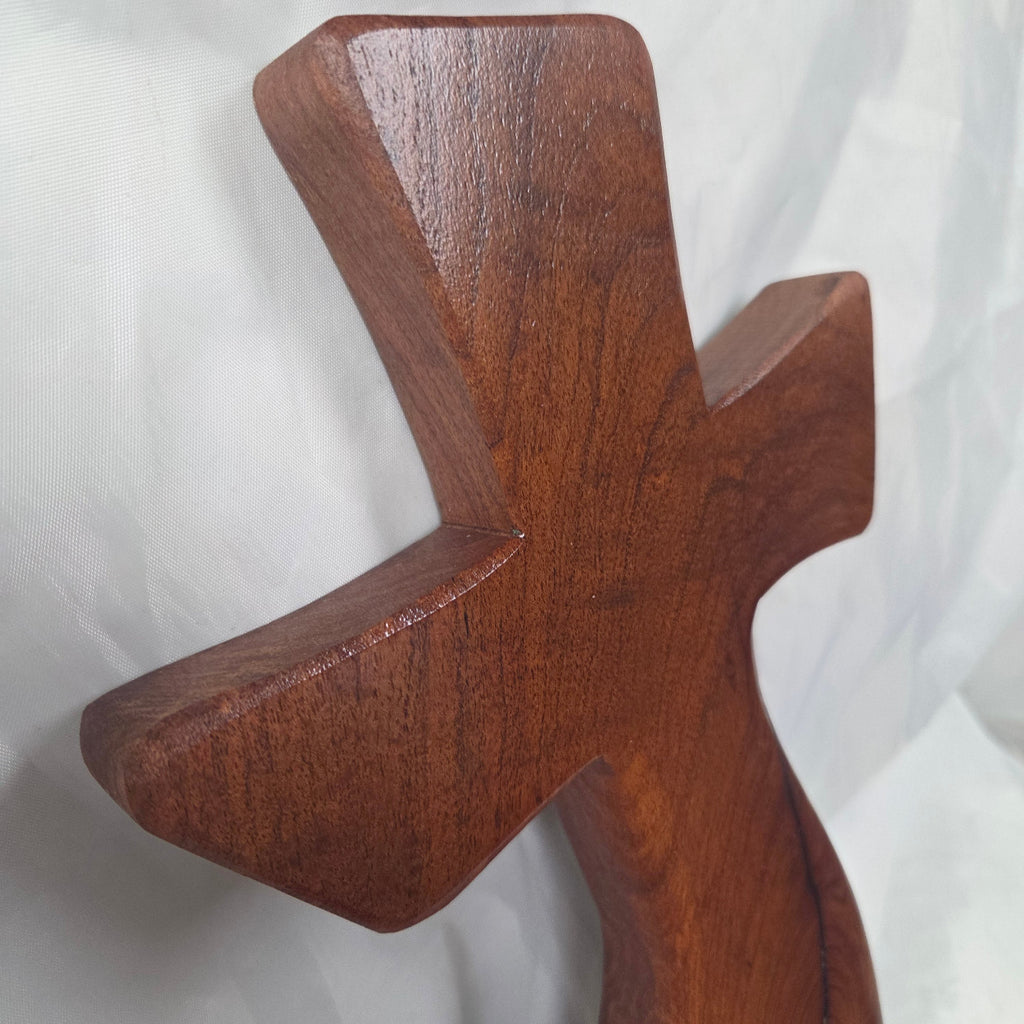 Mesquite Cross with natural colors, hanging cross wall art with blue epoxy inlay
