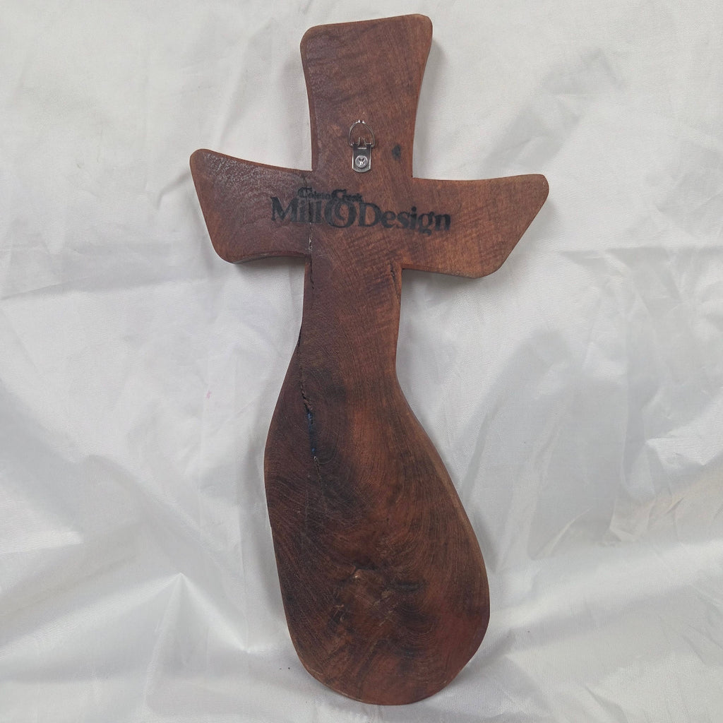 Mesquite Cross with natural colors, hanging cross wall art with blue epoxy inlay