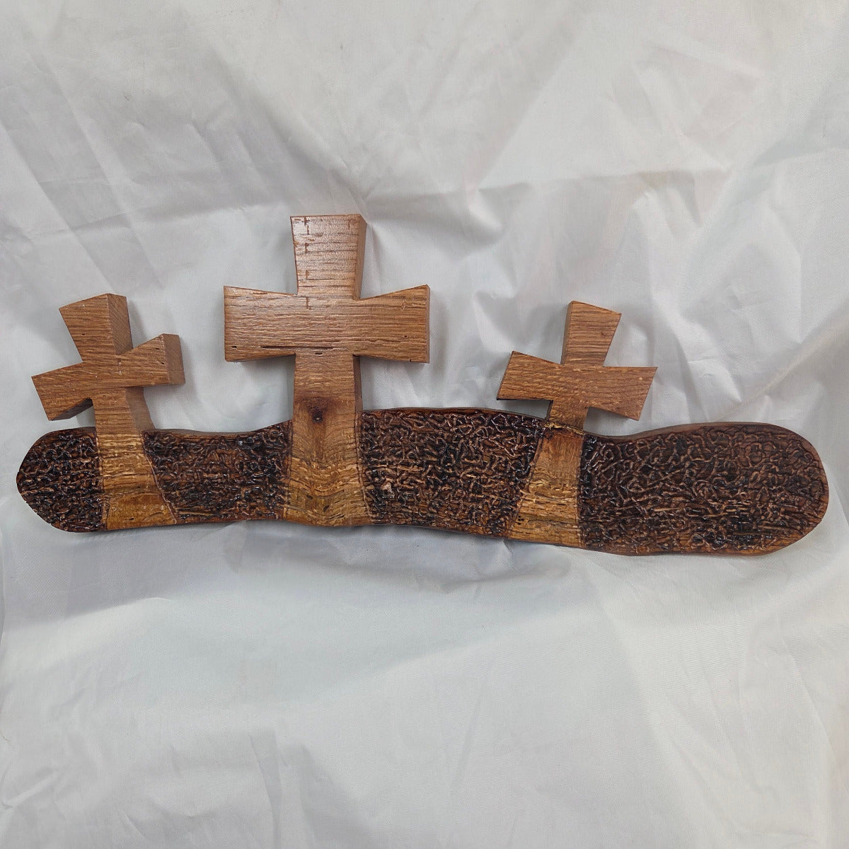 White Oak slab hand carved with three crosses cut out. Sho Sugi Bon burned