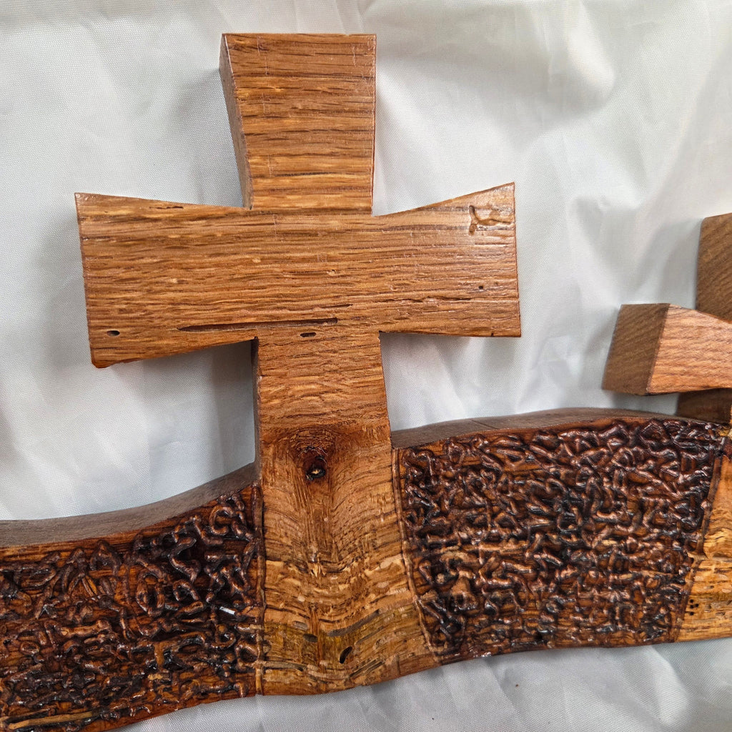 White Oak slab hand carved with three crosses cut out. Sho Sugi Bon burned