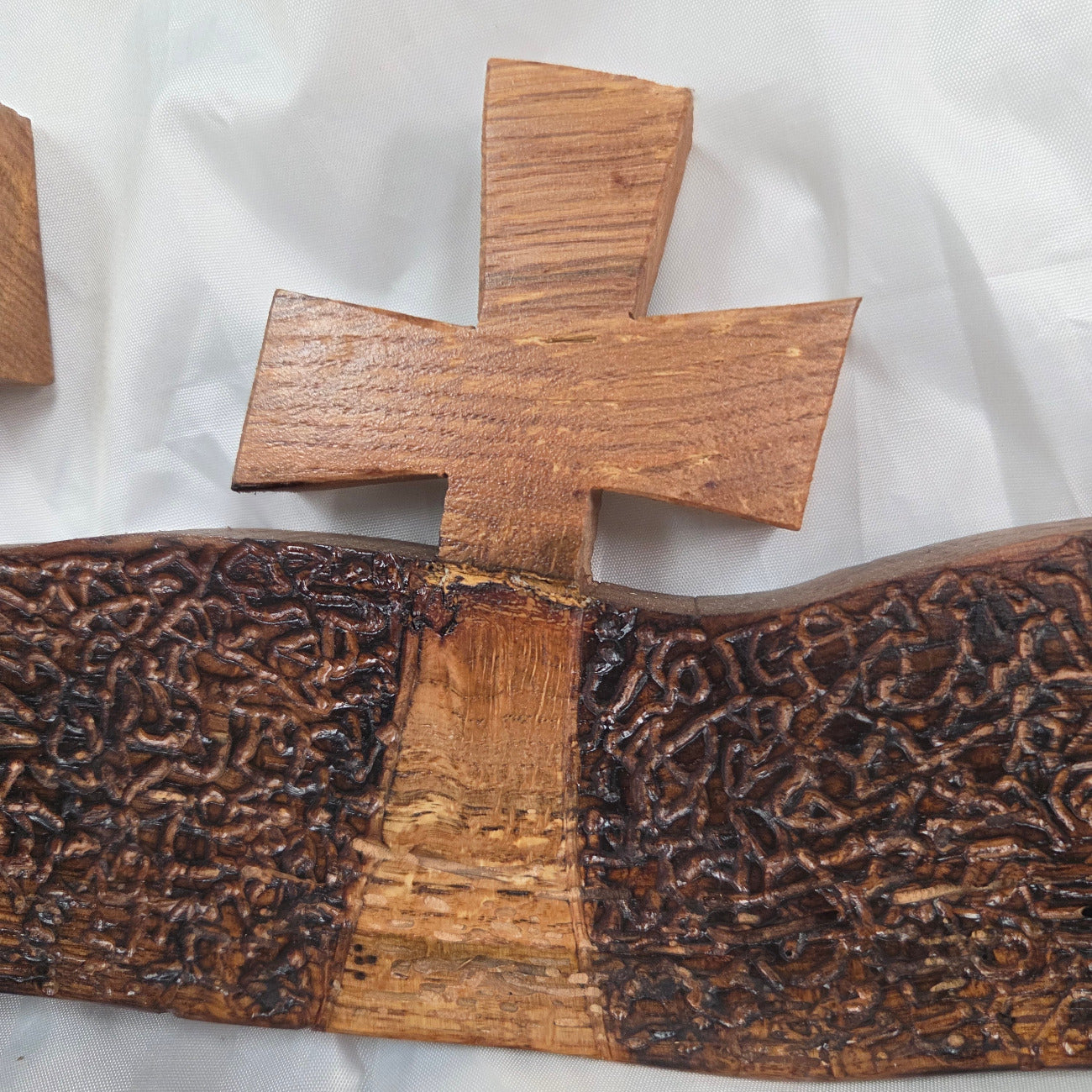 White Oak slab hand carved with three crosses cut out. Sho Sugi Bon burned