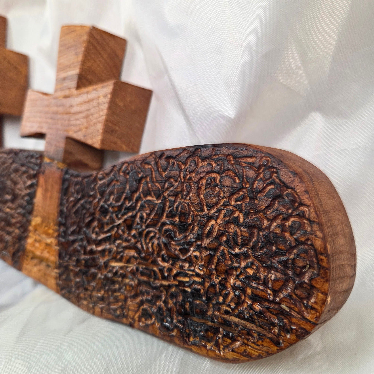 White Oak slab hand carved with three crosses cut out. Sho Sugi Bon burned