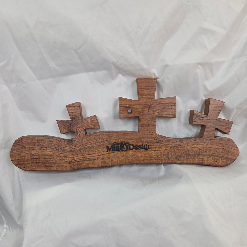 White Oak slab hand carved with three crosses cut out. Sho Sugi Bon burned