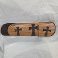 Pecan Wall sign with three hand carved crosses and carved sides. natural edges