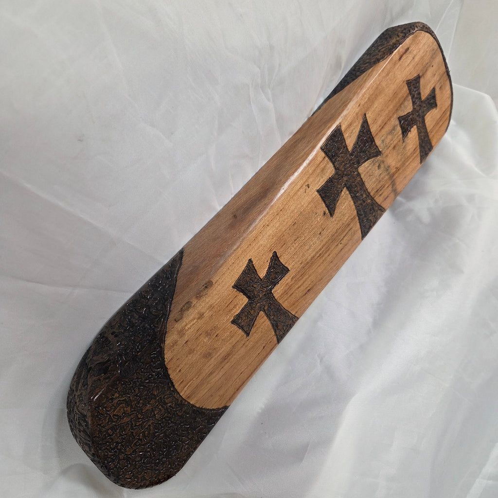 Pecan Wall sign with three hand carved crosses and carved sides. natural edges