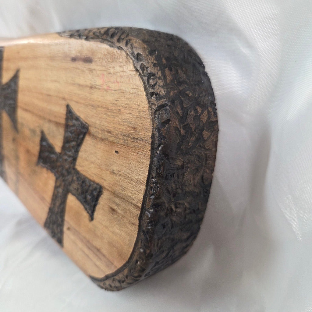 Pecan Wall sign with three hand carved crosses and carved sides. natural edges