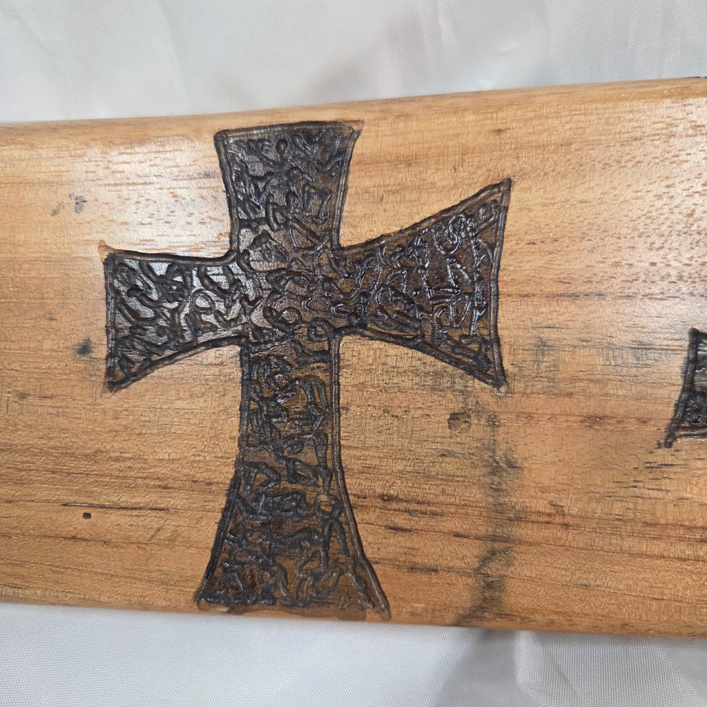 Pecan Wall sign with three hand carved crosses and carved sides. natural edges
