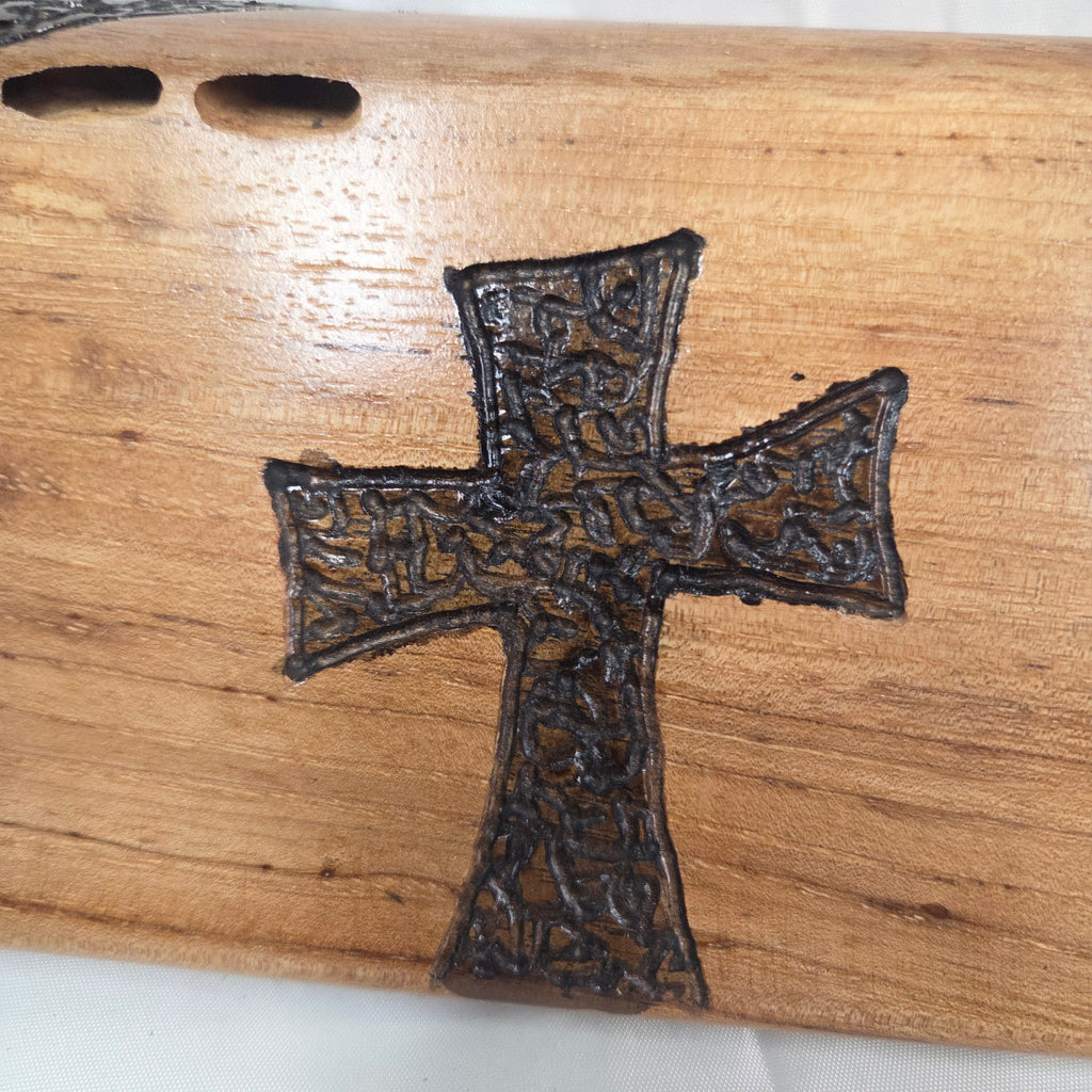 Pecan Wall sign with three hand carved crosses and carved sides. natural edges