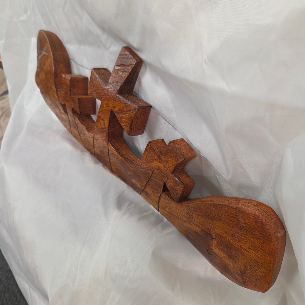 Three crosses landscape wall art hand cut from a single piece of Pecan, honey oak stained