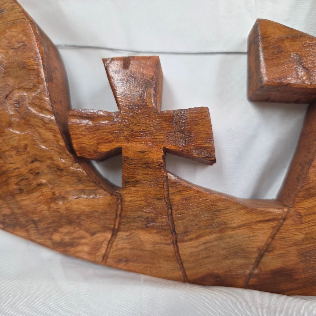 Three crosses landscape wall art hand cut from a single piece of Pecan, honey oak stained