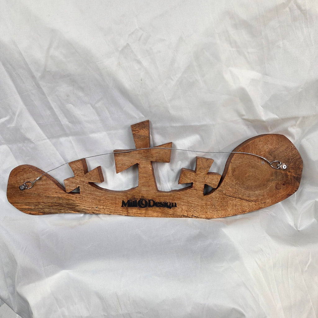 Three crosses landscape wall art hand cut from a single piece of Pecan, honey oak stained
