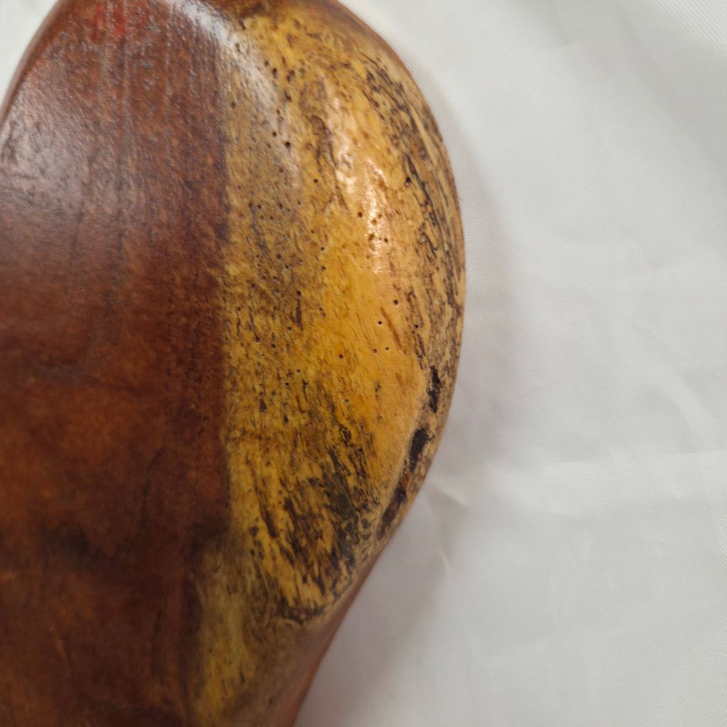 A close-up of a curved wooden object with a glossy dark brown left side and a weathered golden-yellow right side, resting on a white fabric background.