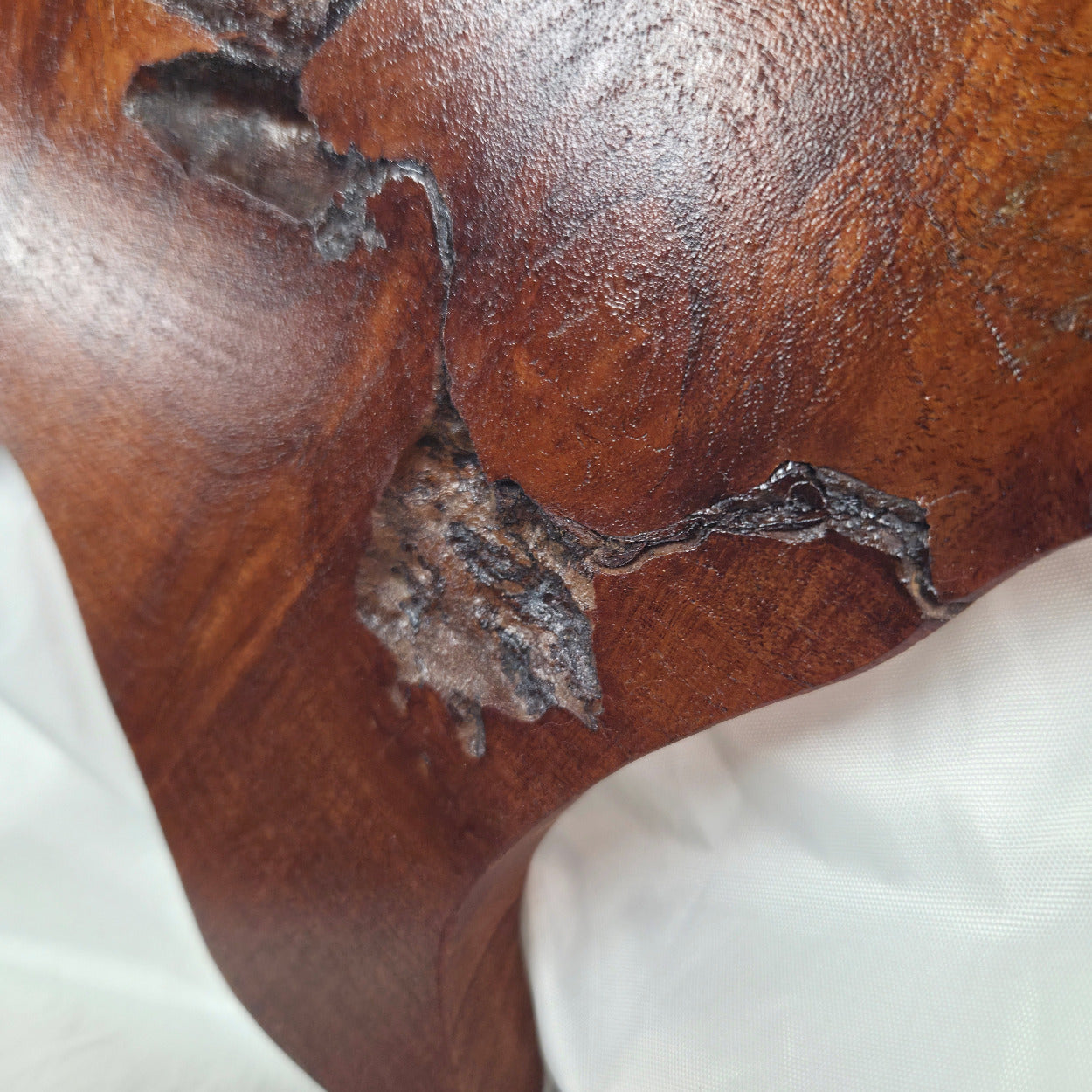 close up A rustic Texas-shaped wall art plaque made from mesquite wood with a dark, textured natural with natural deformities