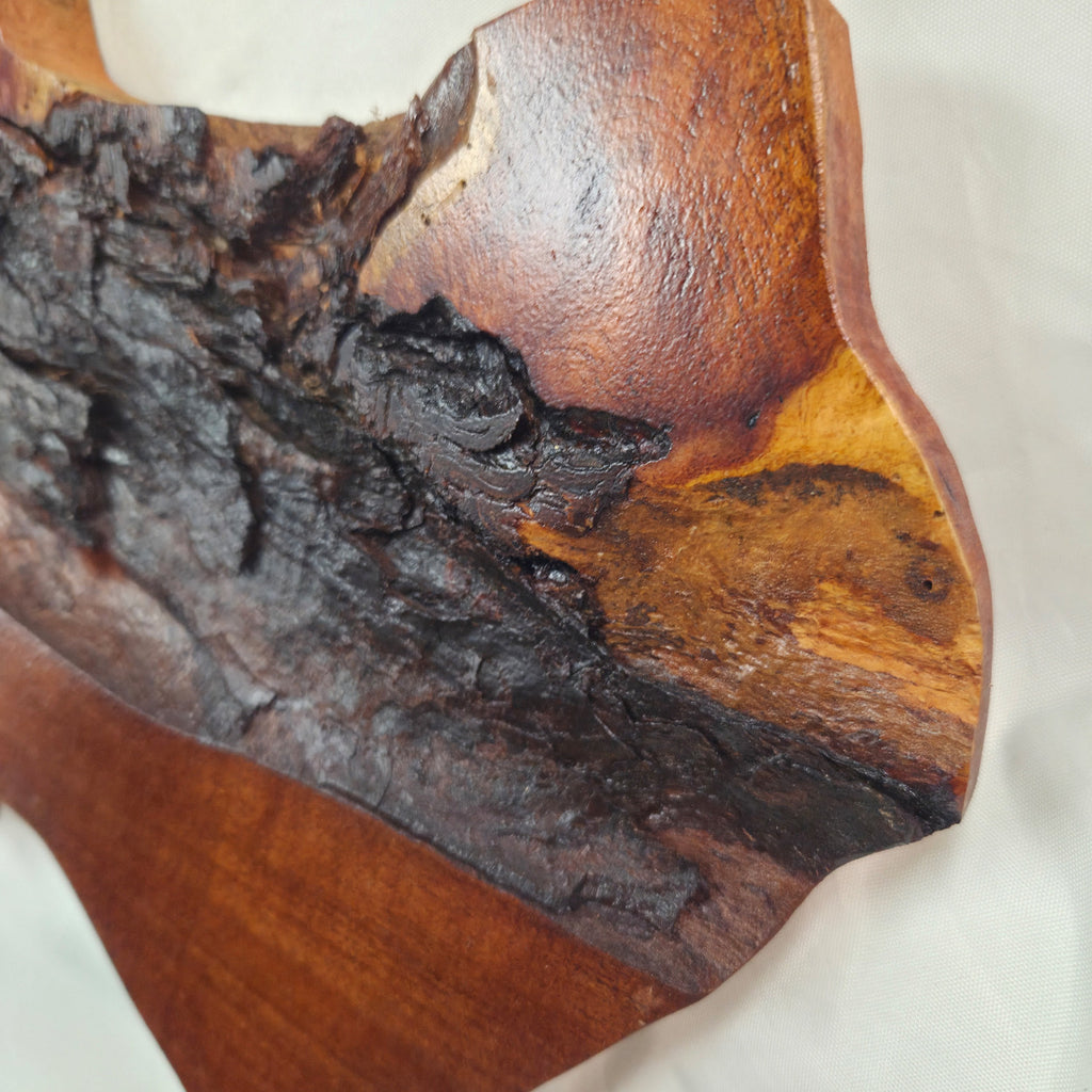 close up A rustic Texas-shaped wall art plaque made from mesquite wood with a dark, textured natural bark-like band running diagonally across the center, 