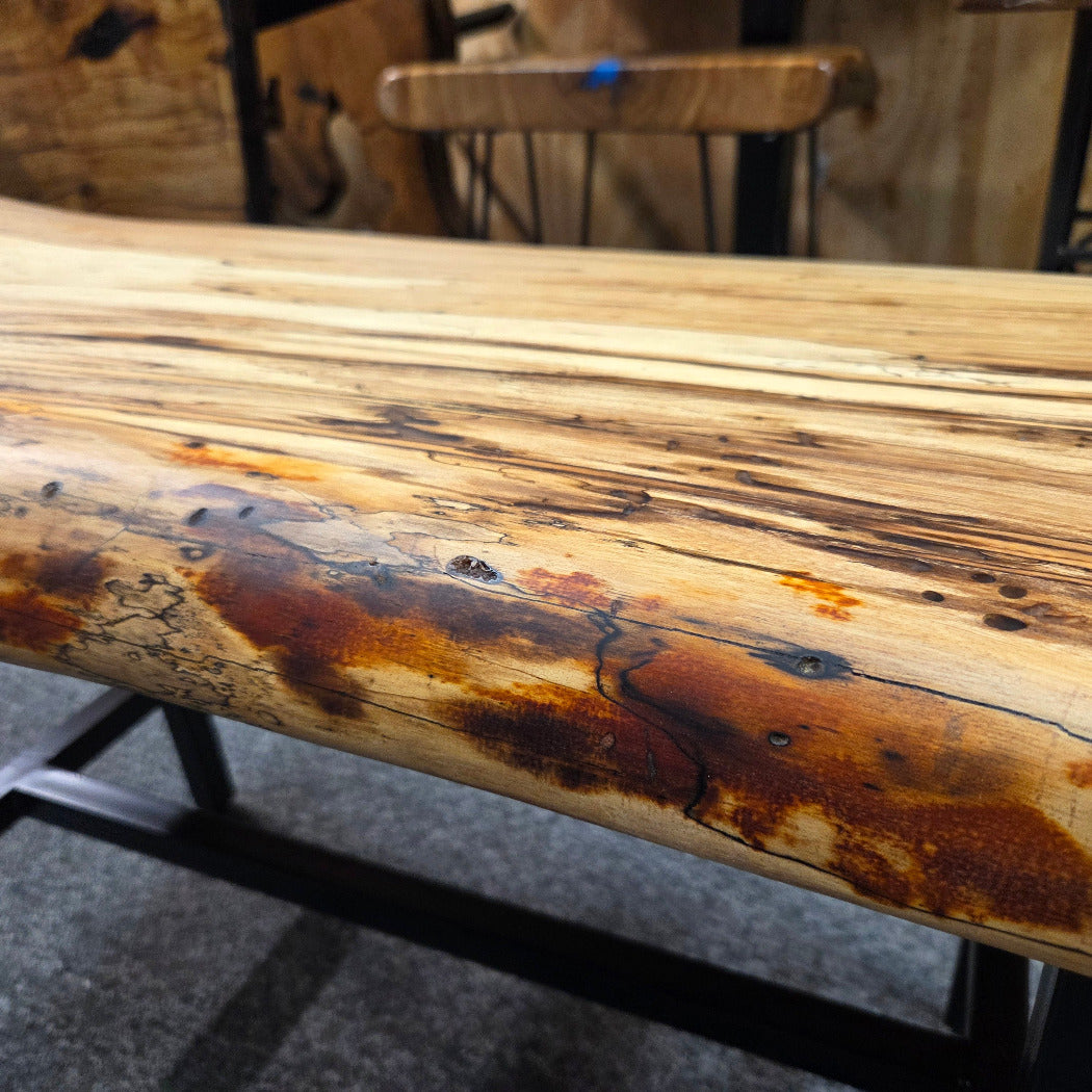 Elm Coffee table with live edges on black metal tube legs system