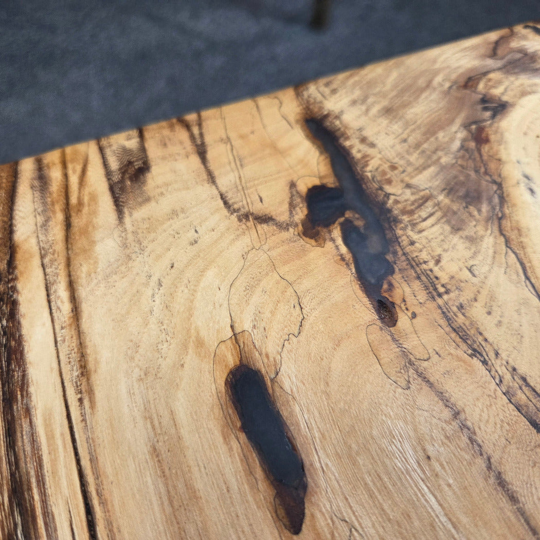 Elm Coffee table with live edges on black metal tube legs system