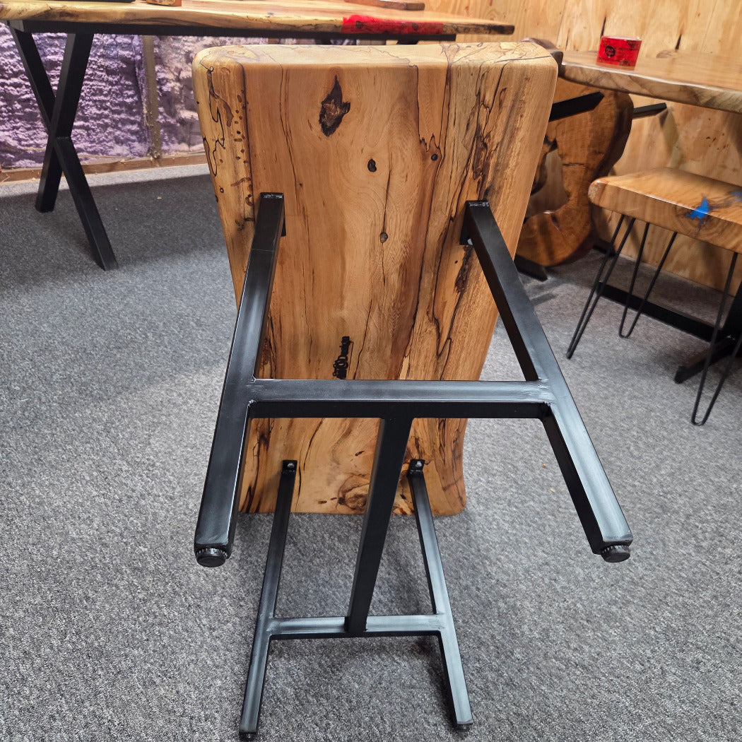 bottom view Elm Coffee table with live edges on black metal tube legs system