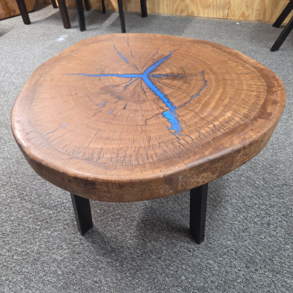 Round Pecan Coffee Table with Blue Epoxy – 29 1/2 in