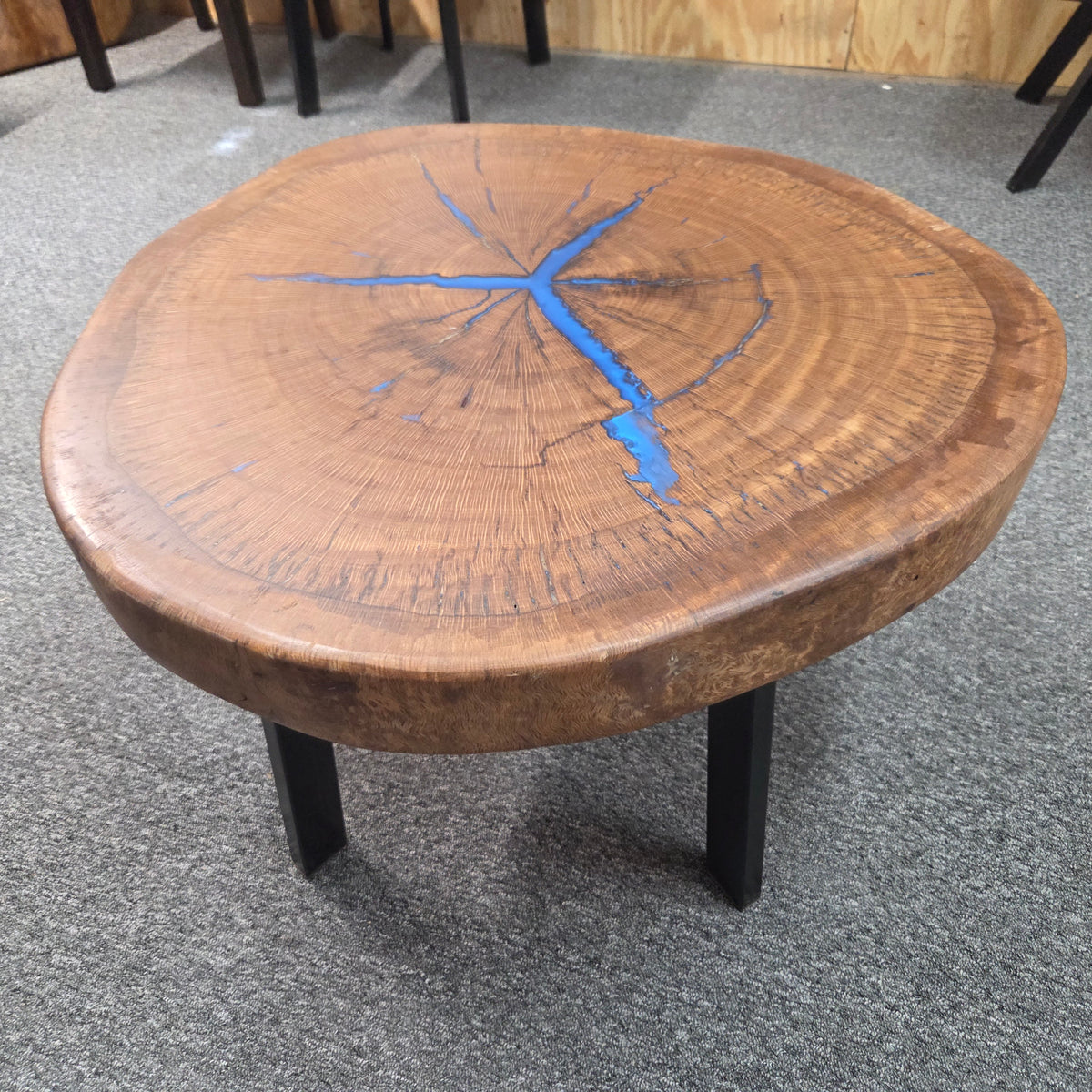 Round Pecan Coffee Table with Blue Epoxy – 29 1/2 in