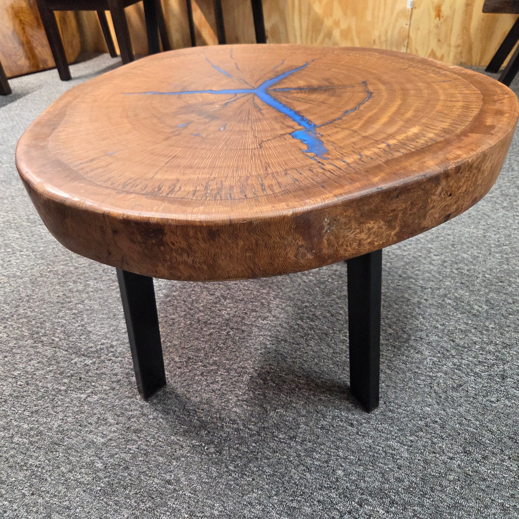 Round Pecan Coffee Table with Blue Epoxy – 29 1/2 in