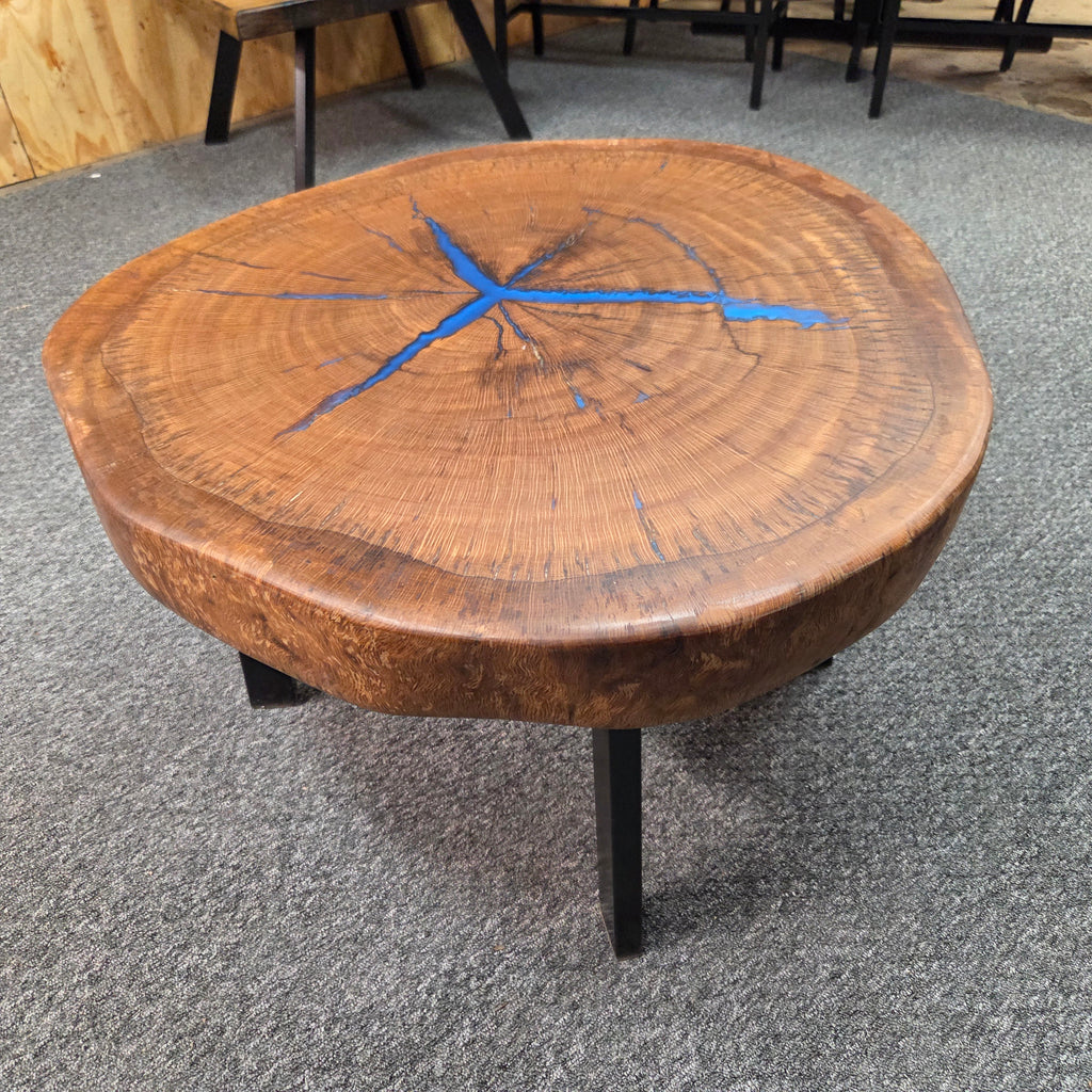 Round Pecan Coffee Table with Blue Epoxy – 29 1/2 in