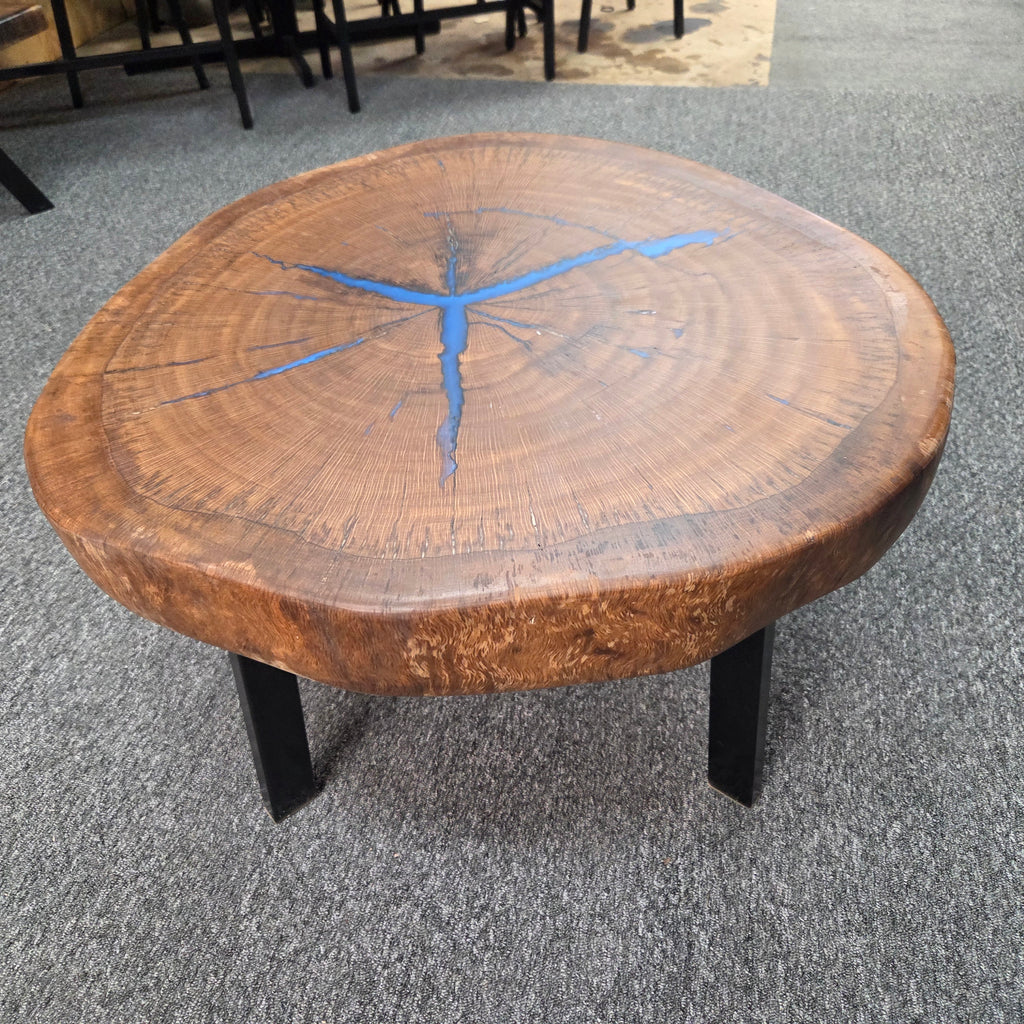 Round Pecan Coffee Table with Blue Epoxy – 29 1/2 in