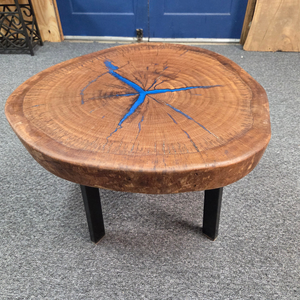 Round Pecan Coffee Table with Blue Epoxy – 29 1/2 in
