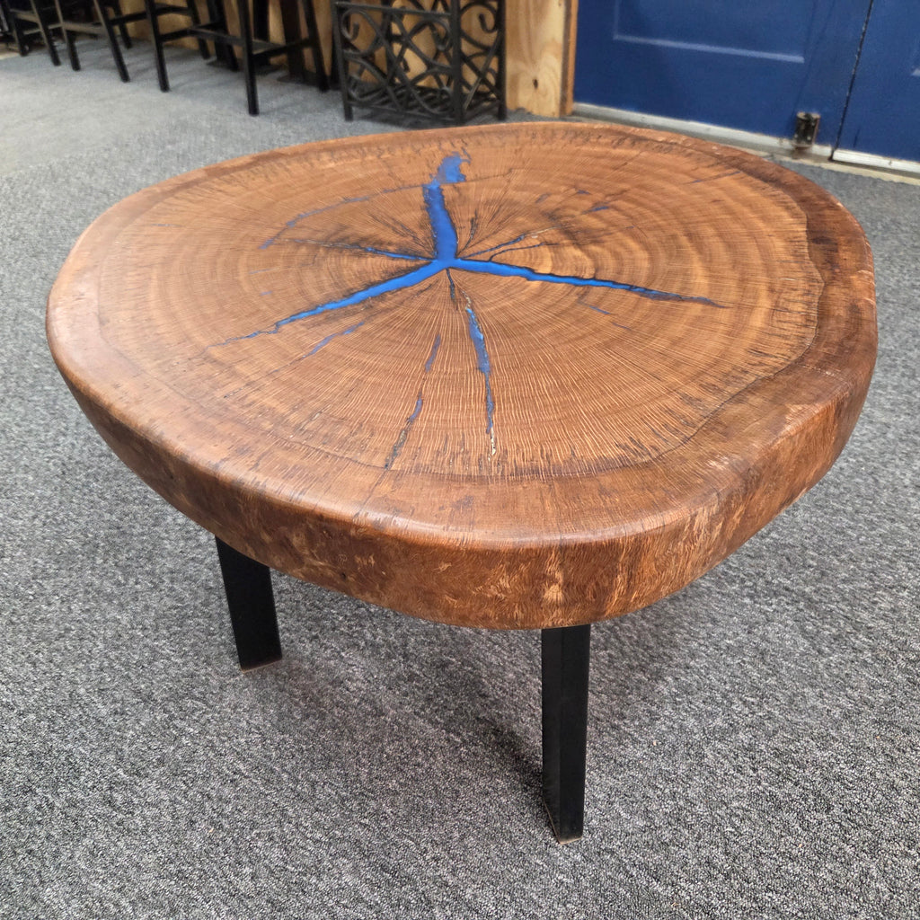 Round Pecan Coffee Table with Blue Epoxy – 29 1/2 in