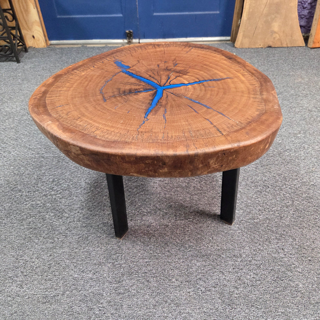 Round Pecan Coffee Table with Blue Epoxy – 29 1/2 in
