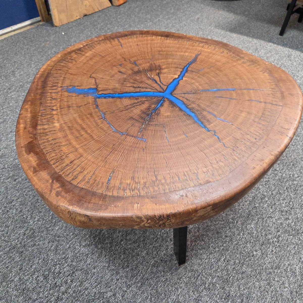 Round Pecan Coffee Table with Blue Epoxy – 29 1/2 in