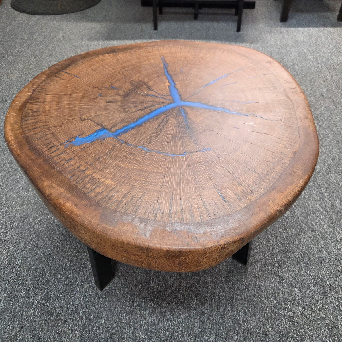 Round Pecan Coffee Table with Blue Epoxy – 29 1/2 in