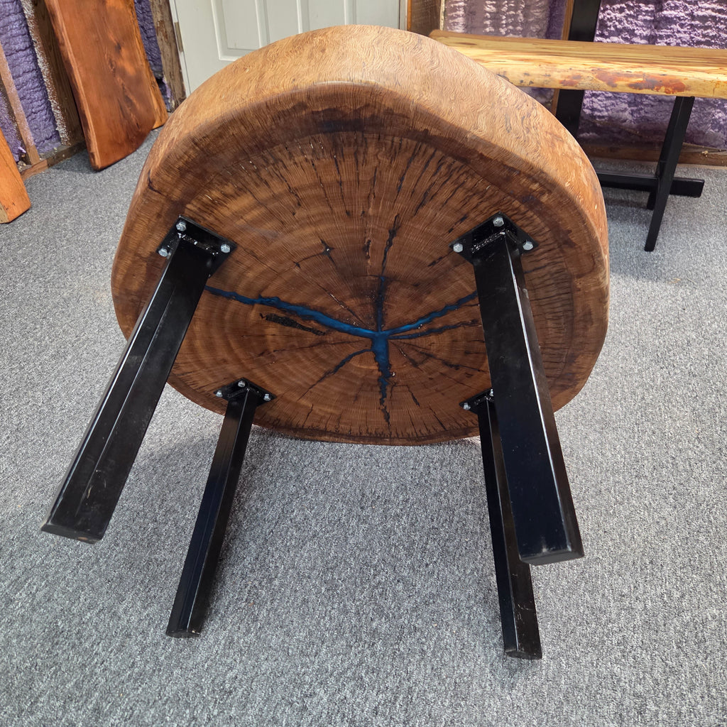 Round Pecan Coffee Table with Blue Epoxy – 29 1/2 in