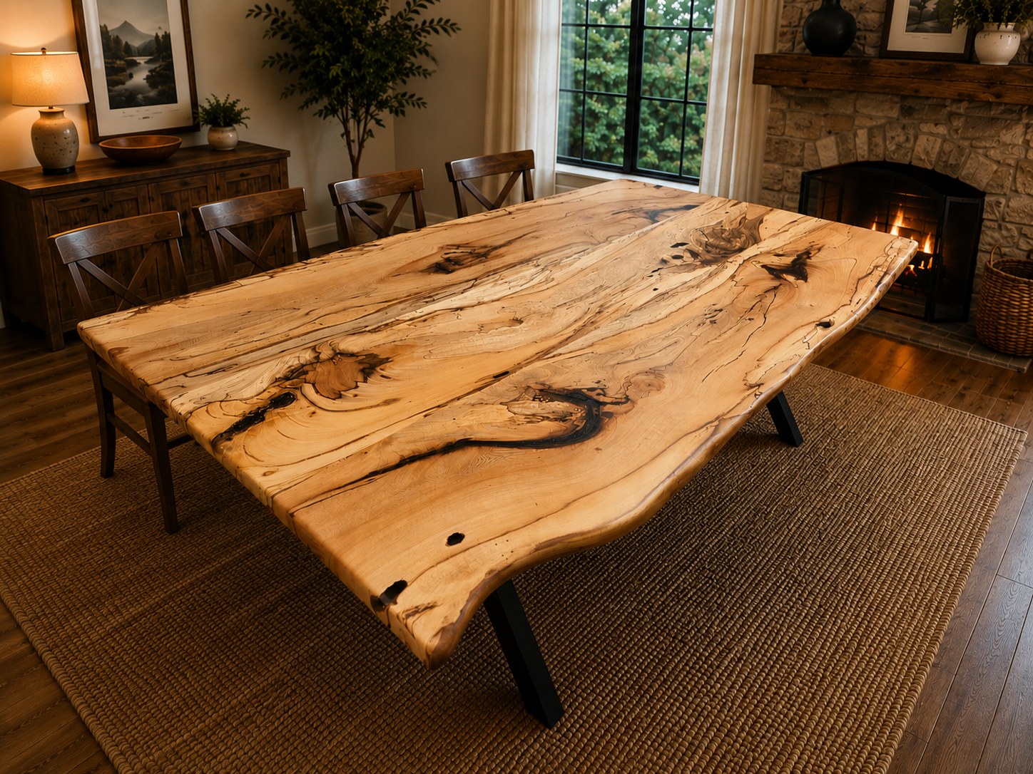 A large live-edge wooden dining table with black metal legs, shown in a warm, rustic dining room setting with chairs, a fireplace, and a woven rug.
