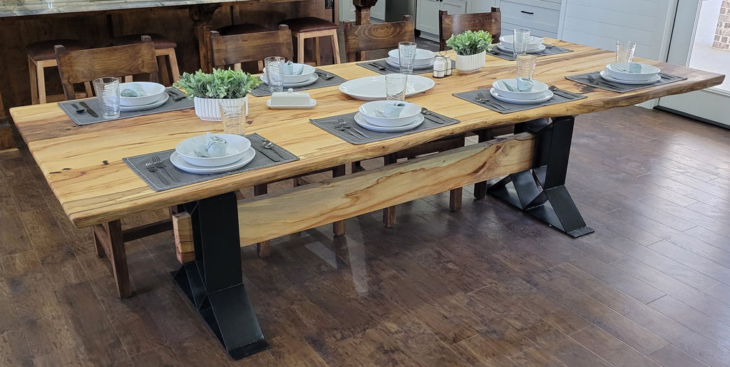 Large Elm Dining Table with geometric legs with elm beam crossing from one to the other.
