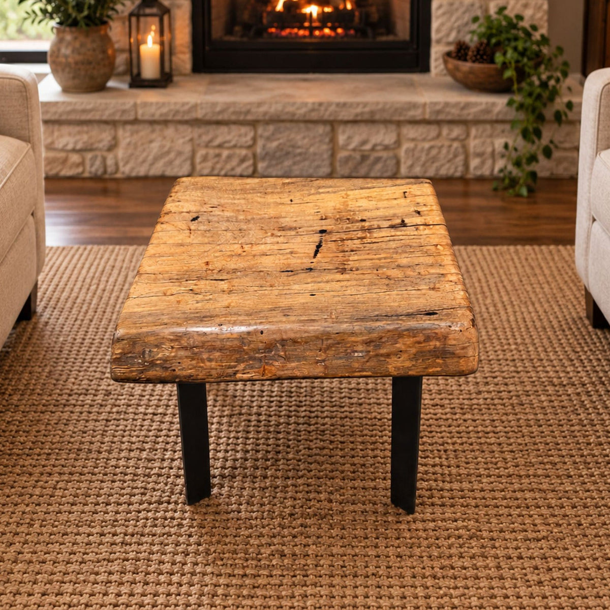 Handcrafted pecan coffee table with natural wood character and black metal legs staged between two chairs in front of a fireplace.