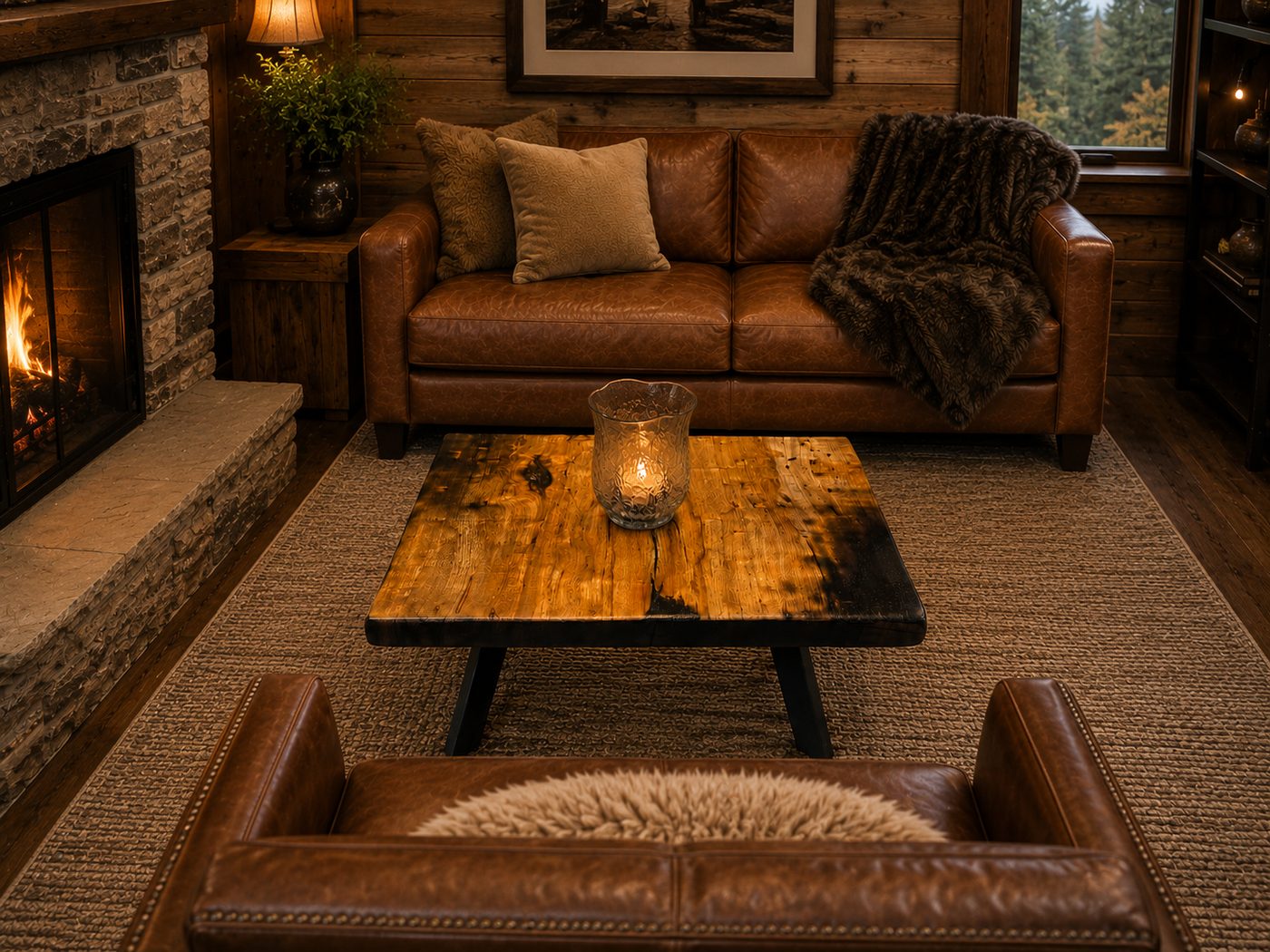 Burned Pecan Coffee Table – Handcrafted Live Edge Hardwood