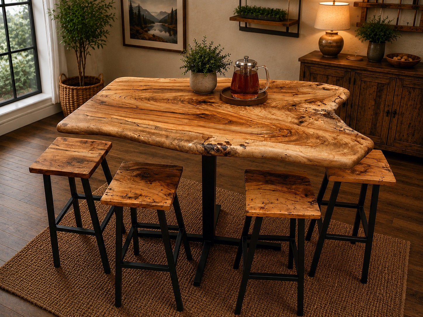 Custom Live Edge Burl Pecan Bar Table Set – "Ruby" with 4 Matching Stools