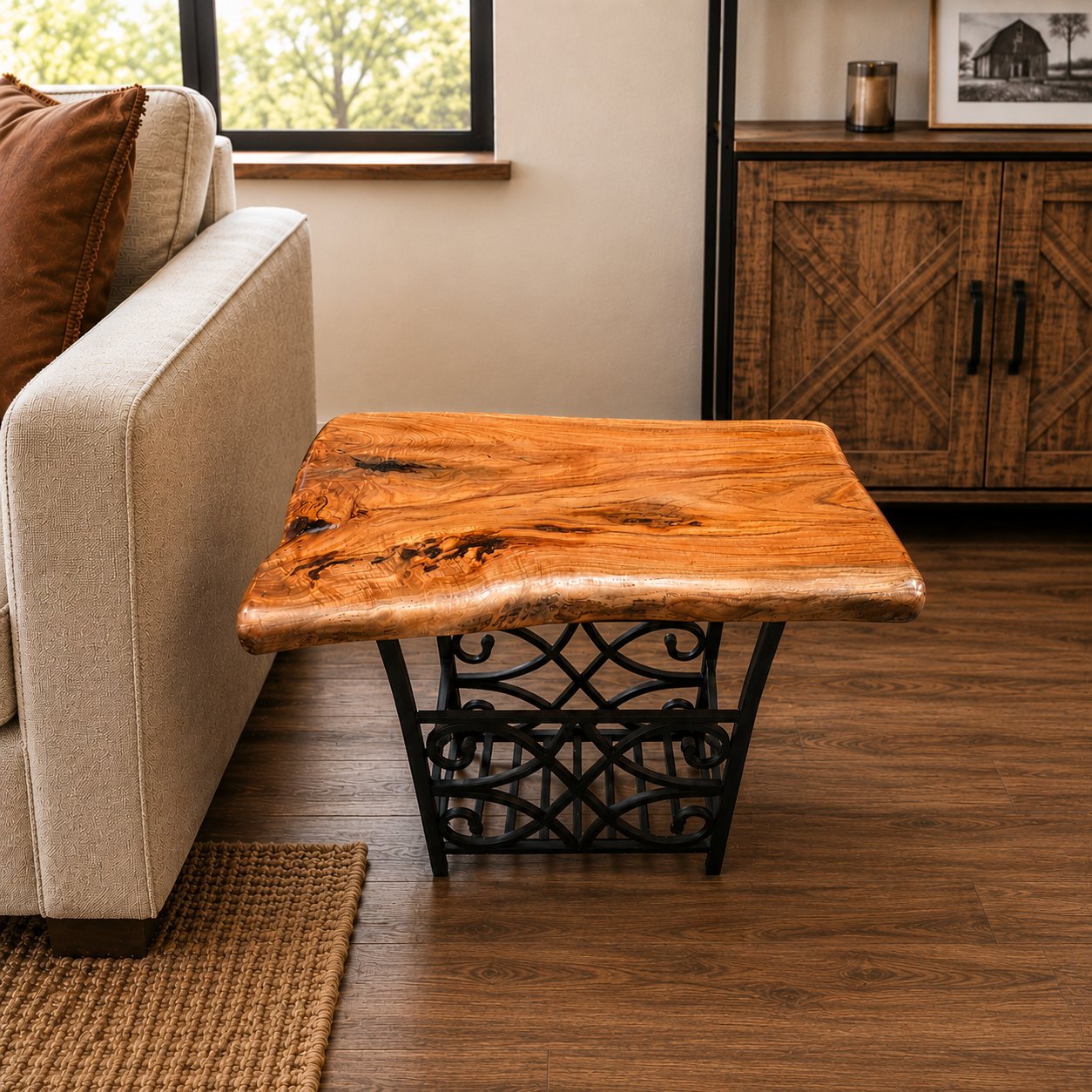 Hardwood Live Edge End Table with Decorative Metal Base