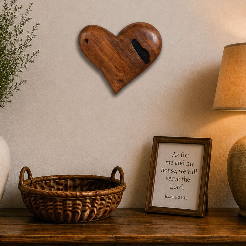 Handcrafted Mesquite Heart Wall Art displayed above a rustic farmhouse console with decorative vase, basket, and table lamp.