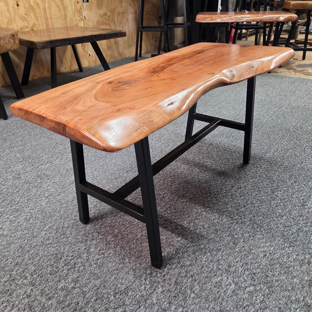 Handcrafted live edge pecan coffee table with Honey Oak stain and black steel legs
