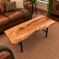 Handcrafted live edge pecan coffee table with Honey Oak stain and black steel legs