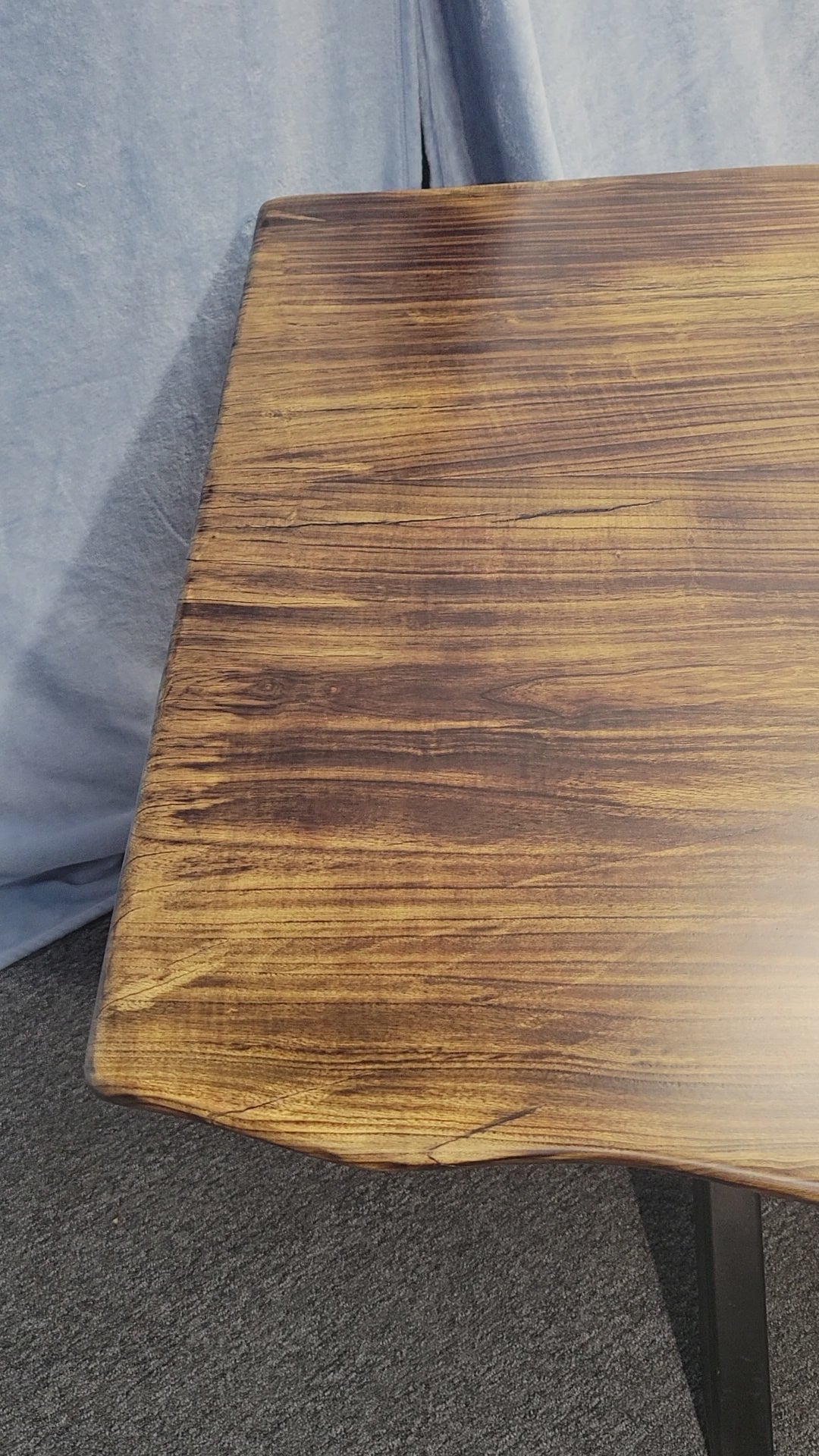 Ash dining table with Sho sugi ban burned top with black x-style metal legs
