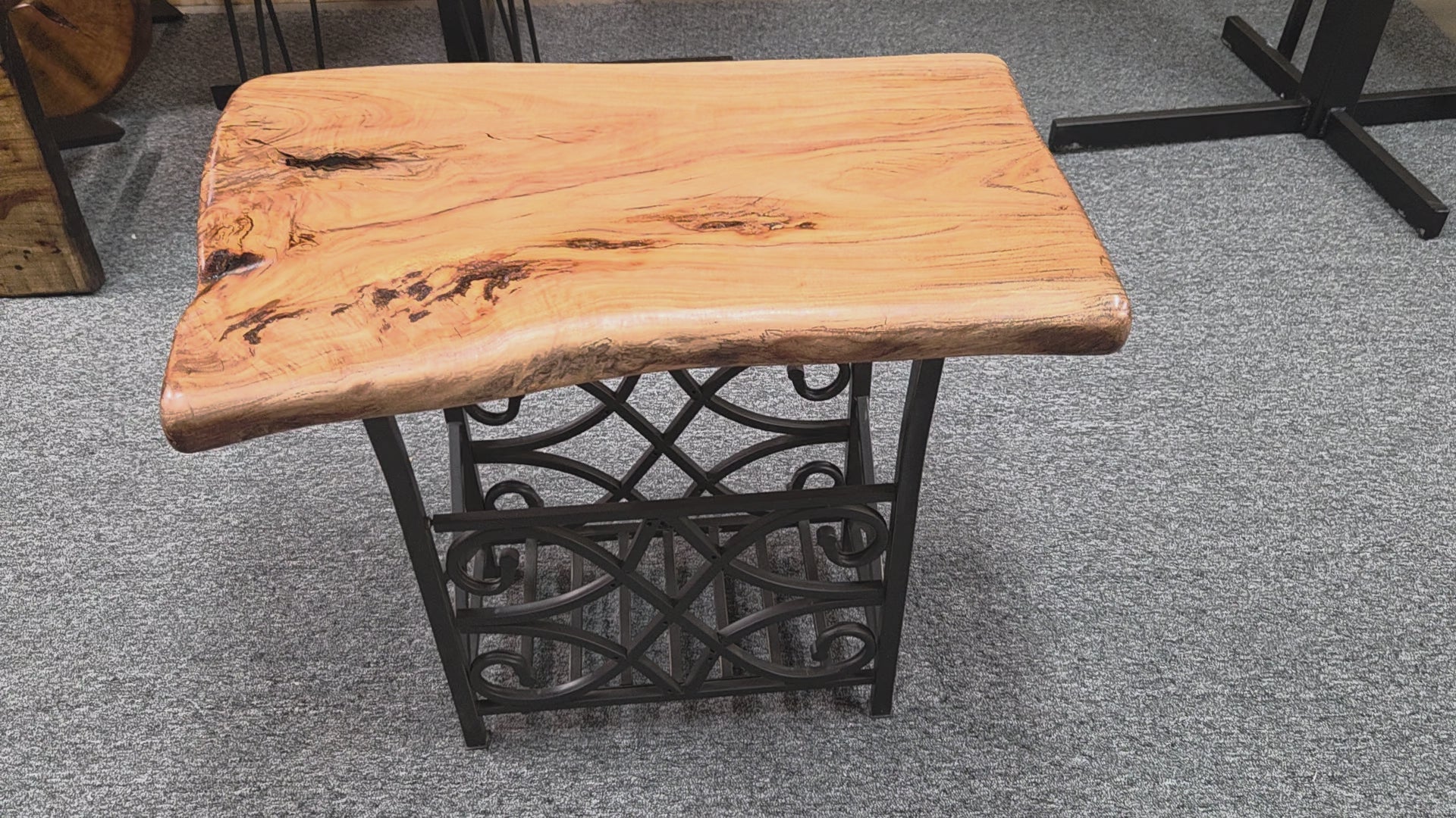Hardwood Live Edge End Table with Decorative Metal Base