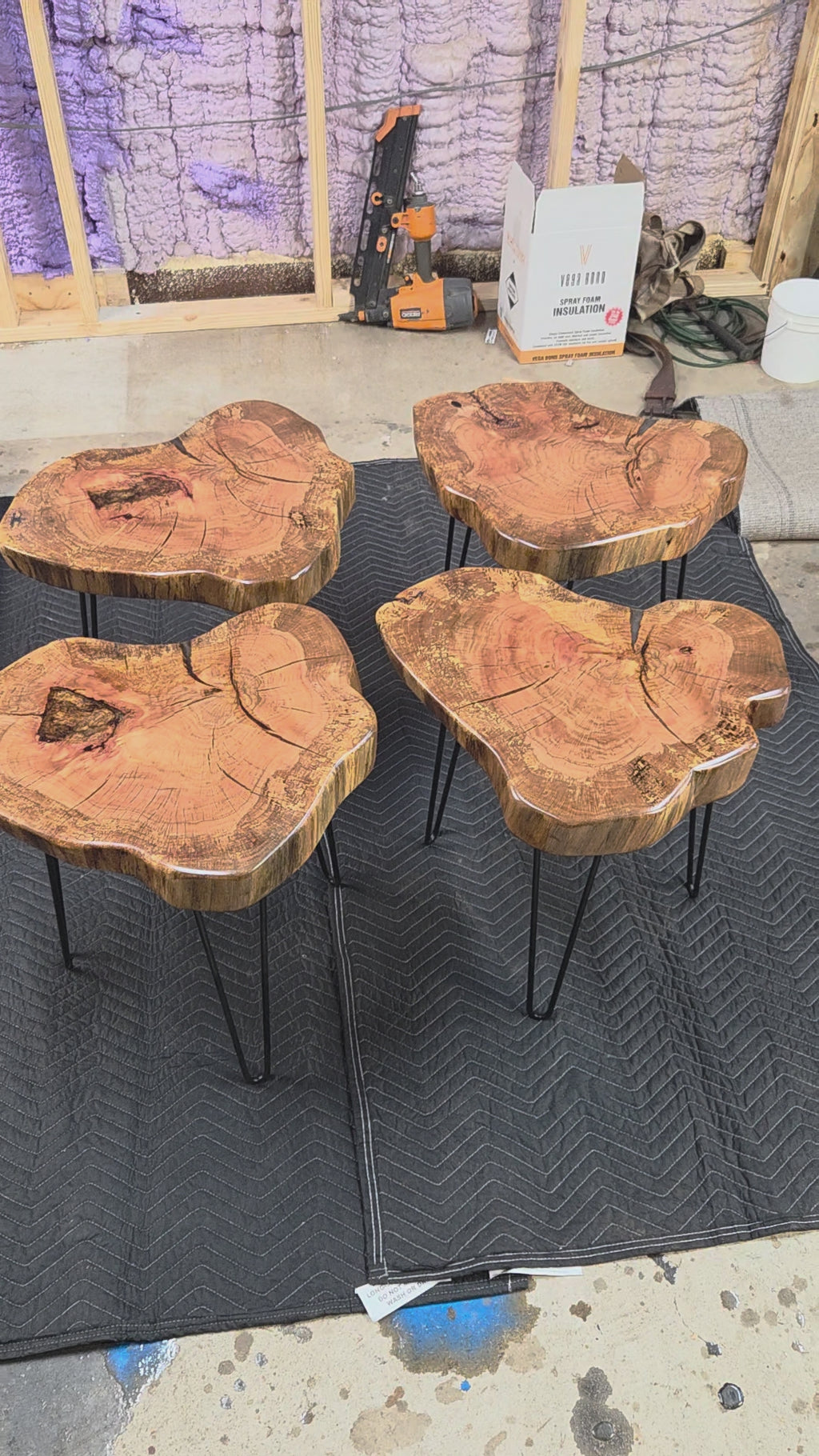 Heart Shaped White Oak end tables with Clear Epoxy fill on black hair pin legs
