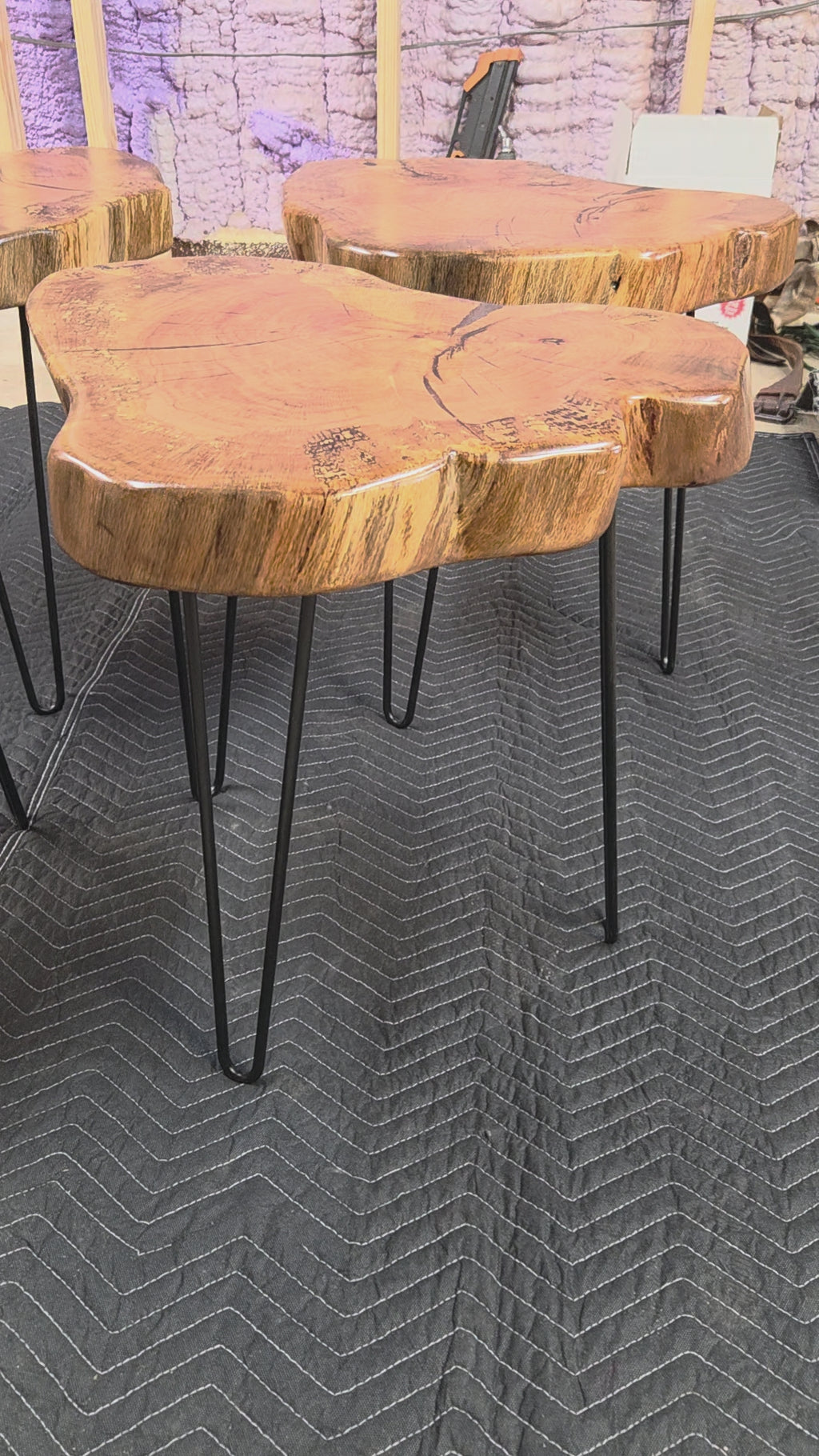 Heart Shaped White Oak end tables with Clear Epoxy fill on black hair pin legs