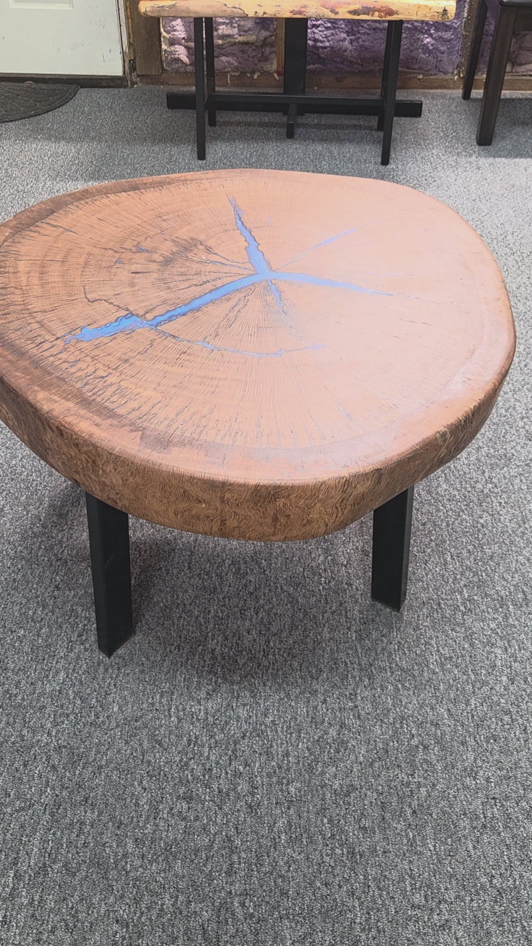 Round Pecan Coffee Table with Blue Epoxy – 29 1/2 in