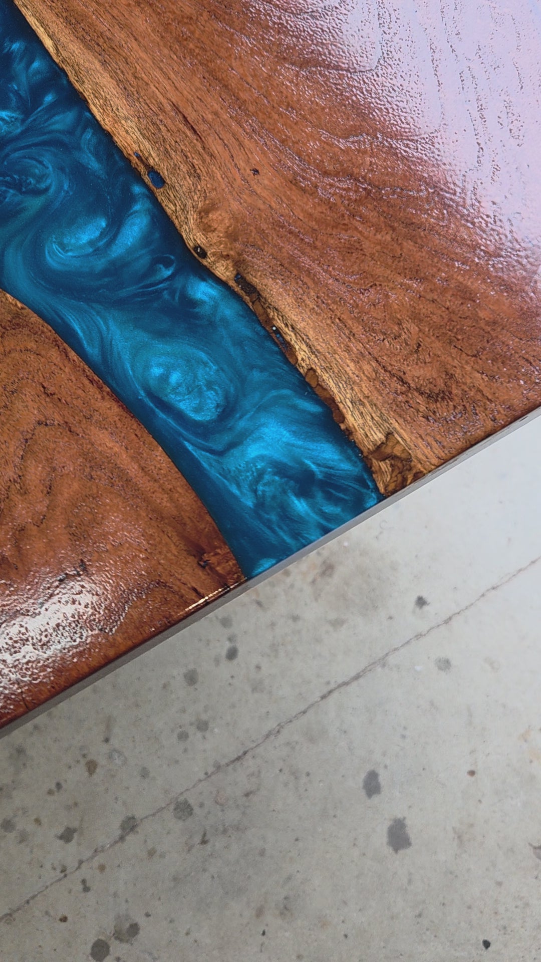 Mesquite River table with Ocean Blue Epoxy, metal X-style legs and semi-gloss finish